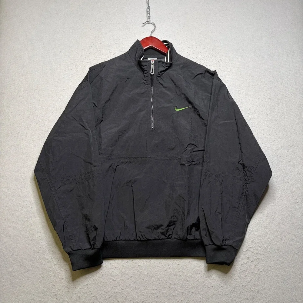 Nike Windbreaker Mens Large Black Vintage 90s Quarter Zip Neon Green Logo ER89